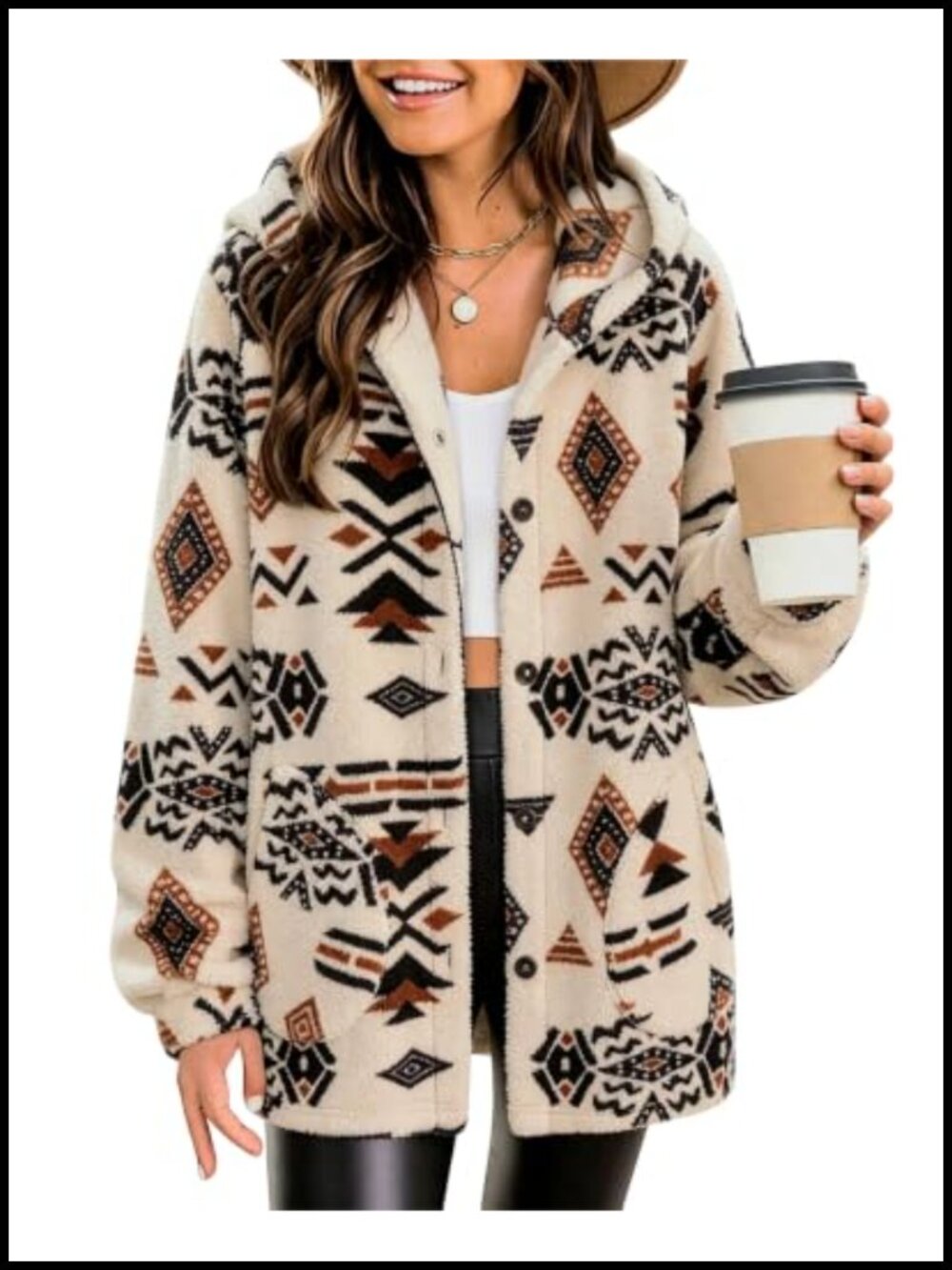 Womens Aztec Print Fleece Hoodie Jacket Button Down Sherpa Coat